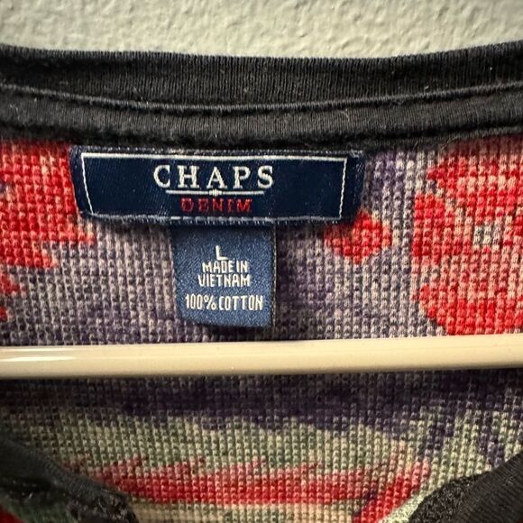 Chaps Demim Tribal Print Henley Top Long Sleeve Button Down Vneck Cut Size L - Picture 3 of 6